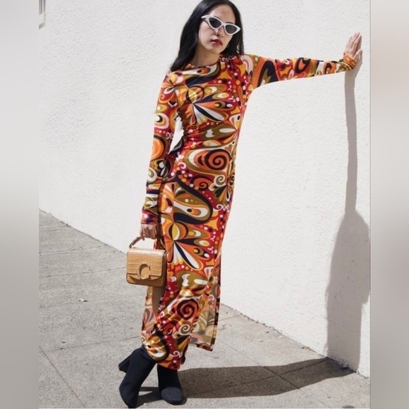 Zara Goovy Multicolored Mod 1970s Style Slit Sides Maxi Dress Long Sleeve Size S - Picture 5 of 16